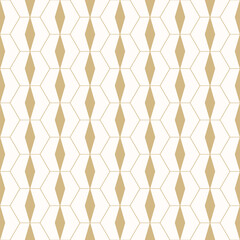 Abstract geometric hexagonal seamless pattern. Golden vector background with linear grid, lattice, hexagons, diamonds. Simple minimal gold and white ornament texture. Modern luxury repeat geo design