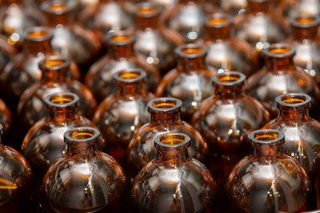 Glass bottles in a factory for the production of medical and veterinary drugs.