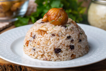 Traditional delicious Turkish food; chestnut rice pilaf (Turkish name; kestaneli pilav)
