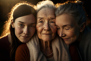 Mother's Day | photogenic mother with her mature daughters, embracing in tight hug. camera is placed at eye level, capturing intricate details of family's faces dimples, wrinkles, and freckles. Ai
