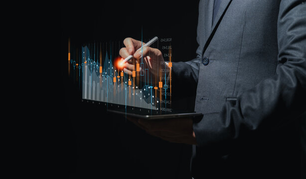 Businessman touch investment growth graph chart and analysing growth achievement diagram data trading and exchange, Stock market, Investment, dynamics of financial growth of business