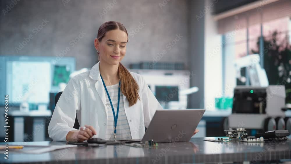 Aufkleber Portrait of Caucasian Young Female Scientist Using Laptop Computer, Looking at Camera and Smiling in a Laboratory. Confident Professional Woman Working as Lead Engineer, Monitoring Technology Projects