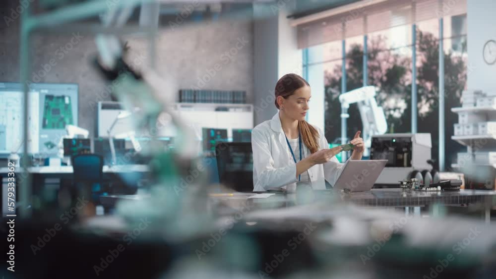 Fototapete Portrait of Professional Female Scientist Working in Industrial Lab Using Laptop Computer. Successful Engineer Checking and Monitoring Production Quality, Analysing Data Using Technology