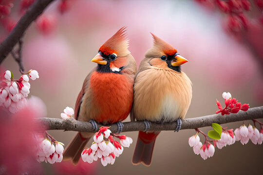 Couple of romantic cardinal birds on a branch. Love concept. Generative AI