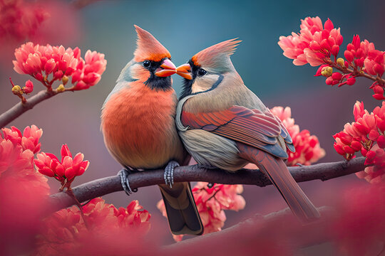 Couple of romantic cardinal birds on a branch. Love concept. Generative AI