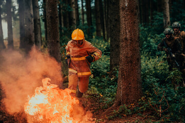 Naklejka premium firefighter hero in action danger jumping over fire flame to rescue and save