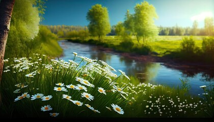 Chamomile flower field. Camomile in the nature. Field of camomiles at sunny day at nature. Camomile daisy flowers in summer day. Chamomile flowers field wide background in sun light. Generative Ai.