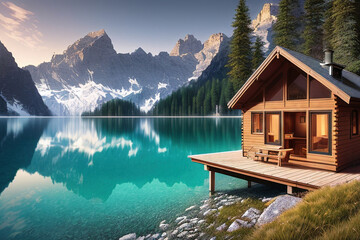 Cabin on a lake in the mountains