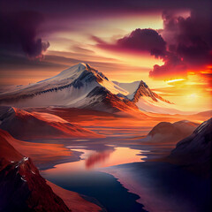 Fantasy landscape of waterfalls, mountains and river in glowing sunset, AI-Generated