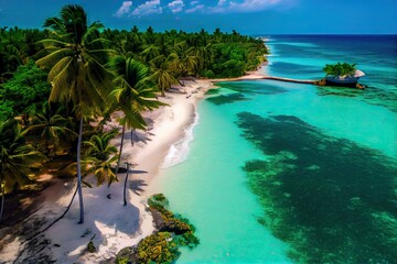 Aerial Drone Photo of waves crashing on the beach. Top view aerial drone shot of beautiful white sand beach with green coconut trees and crystal clear sea water in summer. Generative Ai