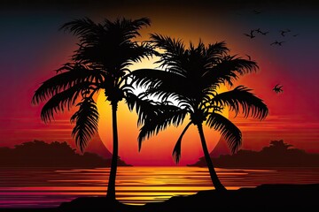 Naklejka na ściany i meble Sunset silhouette of two palm trees on a tropical beach. Generative AI