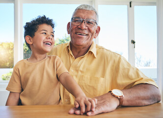 Happy, smile and portrait grandfather and child for family bonding, generations and relax....