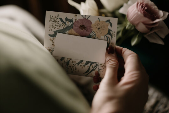 Mother's Day Note | A close-up shot of a mother's hand delicately holding a Mother's Day card and a handwritten note.  giving an intimate view of the mother's hands and the card and note.  Ai.