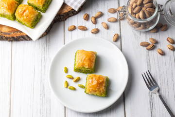 Traditional delicious Turkish dessert; pistachio baklava (Turkish name; kuru baklava)