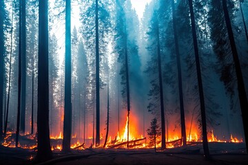 Intense flames from a massive forest fire, generative ai. Flames light up the evening as they rage thru pine forests and sage brush
