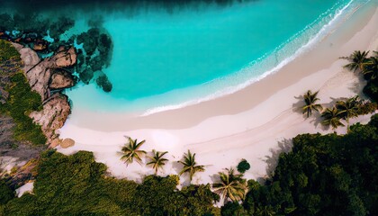 Fototapeta na wymiar Aerial Drone Photo of waves crashing on the beach. Top view aerial drone shot of beautiful white sand beach with green coconut trees and crystal clear sea water in summer. Generative Ai