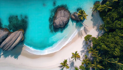 Aerial Drone Photo of waves crashing on the beach. Top view aerial drone shot of beautiful white sand beach with green coconut trees and crystal clear sea water in summer. Generative Ai