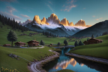 lake in the mountains at sunset