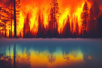 Intense flames from a massive forest fire, generative ai. Flames light up the evening as they rage thru pine forests and sage brush