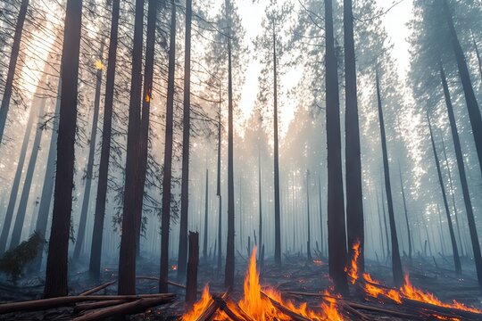 Intense flames from a massive forest fire, generative ai. Flames light up the evening as they rage thru pine forests and sage brush