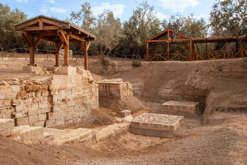 Jordan. Wadi al-Harar is greatest Christian shrine. Wadi al-Harar - place of baptism of Jesus Christ Ruins of three Byzantine churches and marble slab - base for column with cross.