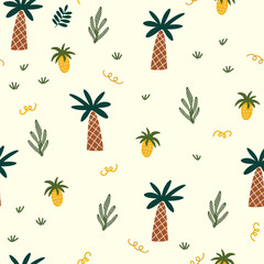 Tropical beach palm trees seamless pattern. Jungle background with rainforest leafy plants Nursery pastel palette for printing baby clothes, textiles fabrics. Vector cartoon illustration. 