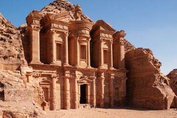 Jordan, Petra. Facade of Ad-Deira resembles Treasury in simplified version. Facade of Ad-Deir...