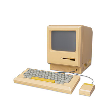 World's first Apple Macintosh computer. Old vintage desktop Macintosh 128K computer with mouse and keyboard in 1984. Retro technology. 3D Rendered Illustration.