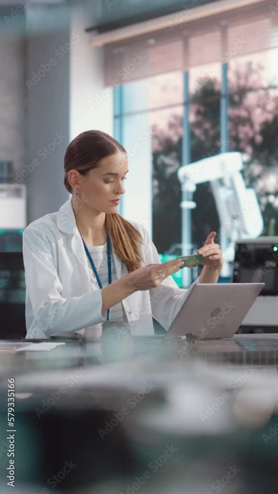 Aufkleber vertical screen: portrait of professional female scientist working in industrial lab using laptop co
