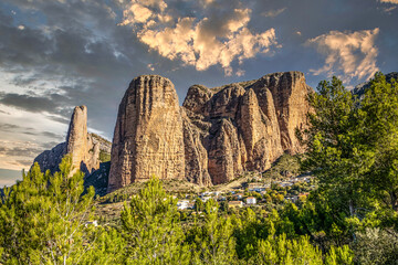 Panorama of Mallos De Riglos rocks in Huesca province, Aragon, Spain