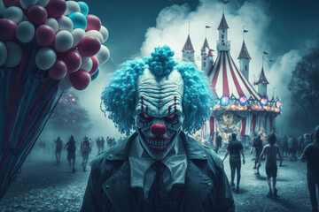 Obraz na płótnie Canvas Creepy clown in amusement park. Halloween concept. Generative ai