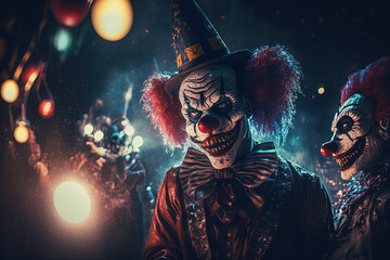 Creepy clown in amusement park. Halloween concept. Generative ai