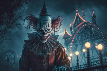 Creepy clown in amusement park. Halloween concept. Generative ai