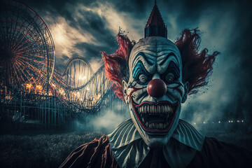Creepy clown in amusement park. Halloween concept. Generative ai