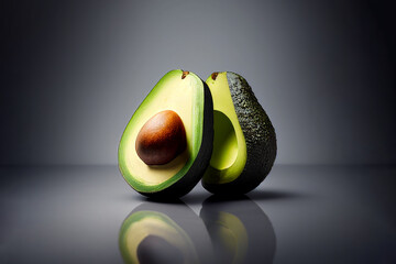 Avocado fruit cut in half on a gray background. Generated by AI