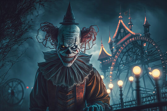 Creepy clown in amusement park. Halloween concept. Generative ai