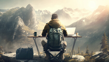 Freelancer sits at table and works with laptop, beautiful outdoor nature landscape with mountains background, work online in travel concept. Man freelancer works on nature outdoor, generative AI - obrazy, fototapety, plakaty