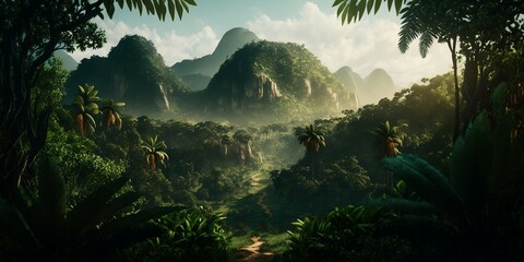  Photorealistic green jungle , generative AI 