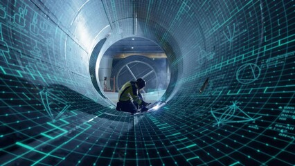 Industrial 4.0 Digital Visualization Concept: Heavy Industry Welder Working, Welding Inside Pipe. Construction of NLG Natural Gas and Fuels Transport Pipeline. Future of Clean Green Power and Energy - Powered by Adobe