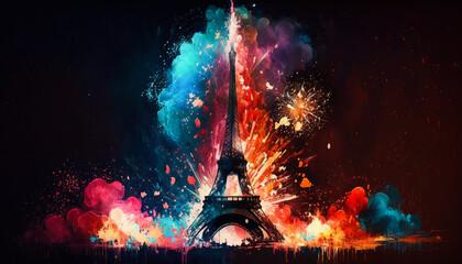 Abstract painting concept of Colorful art of the Eiffel Tower at night. Stunning fireworks. Generative AI. 