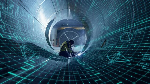 Industrial 4.0 Digital Visualization Concept: Heavy Industry Welder Working, Welding Inside Pipe. Construction of NLG Natural Gas and Fuels Transport Pipeline. Future of Clean Green Power and Energy