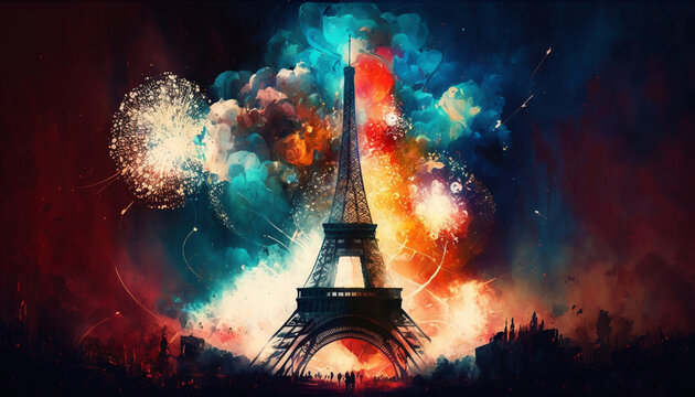 Abstract painting concept of Colorful art of the Eiffel Tower at night. Stunning fireworks. Generative AI. 