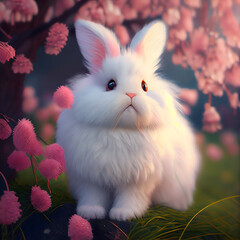 furry white rabbit in the garden