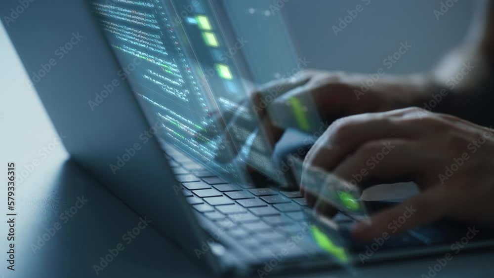 Aufkleber Software Programmer Working on Computer, Engineering Neural Network, Creating Machine Learning App, Doing Big Data Analysis, Optimizing AI. Animated Projection Overlayes Screen. Focus on Hands