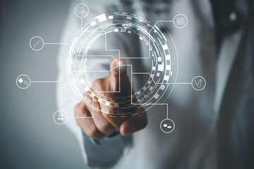 Doctor touching icon medical network connection.