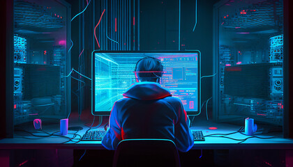 Male metaverse worker browsing the internet network in his workspace facing a virtual environment with big data and an artificial intelligence, computer Generative AI stock illustration