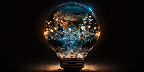 Earth hour, ecology and environment concept. Blue planet Earth in space in a glowing light bulb on a black background, earth day. Generative AI.