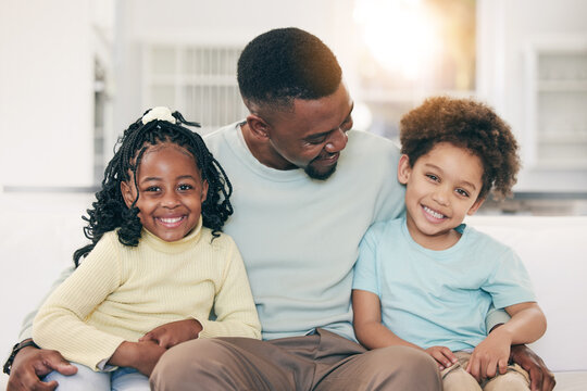 Black family, home and children portrait with happiness and parent love in a living room. House, smile and happy kids with father care and support in a household together with dad feeling positive