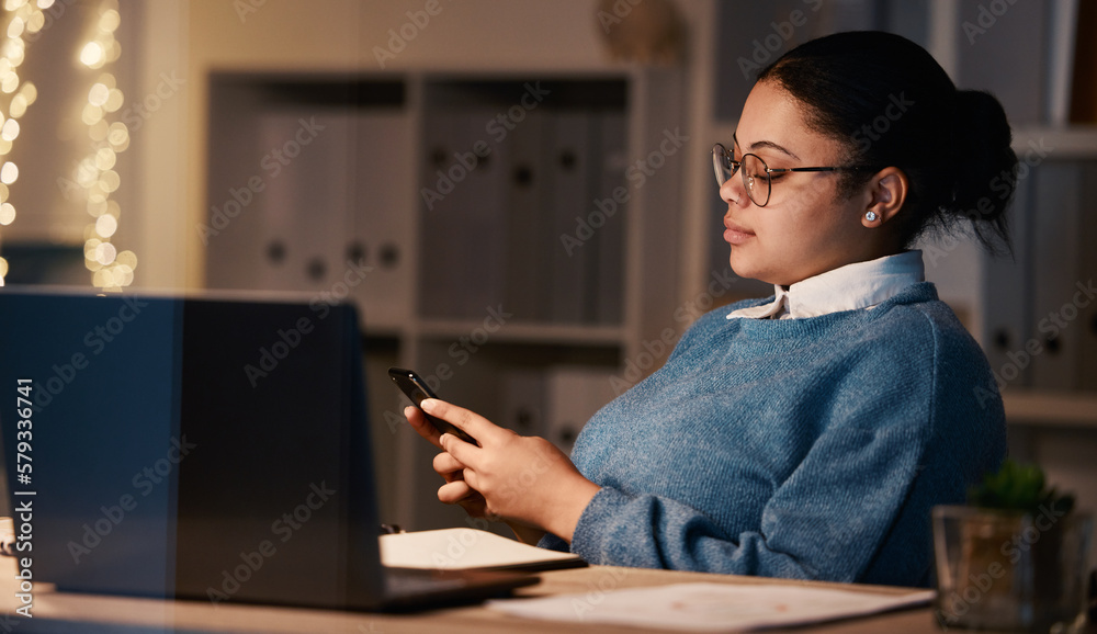 Poster business woman, phone and typing in office at night, texting or social media in workplace. bokeh, ov