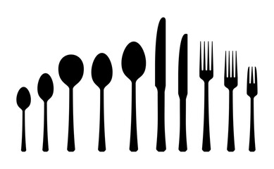 The dishes in the vector are isolated on a white background. Spoon fork knife plate hand-drawn. Table setting. The cutlery is black and white. Kitchen tools. Time to cook - obrazy, fototapety, plakaty
